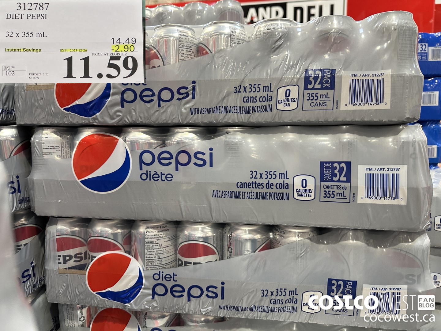 312787 DIET PEPSI 32 X 355 ML ($2.90 INSTANT SAVINGS EXPIRES ON 2023-12-26) $11.59