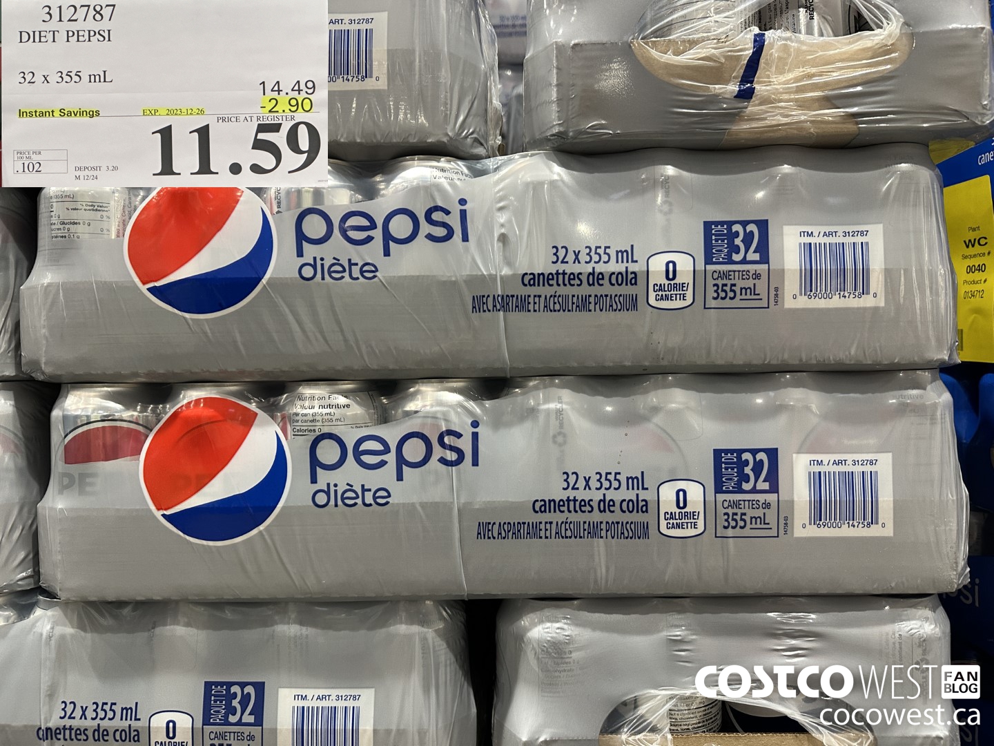 312787 DIET PEPSI 32 X 355 ML ($2.90 INSTANT SAVINGS EXPIRES ON 2023-12-26) $11.59