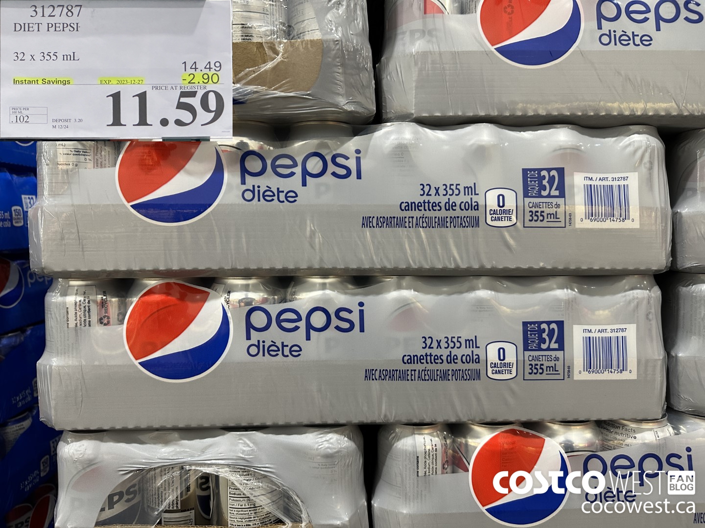 312787 DIET PEPSI 32 X 355 ML ($2.90 INSTANT SAVINGS EXPIRES ON 2023-12-27) $11.59