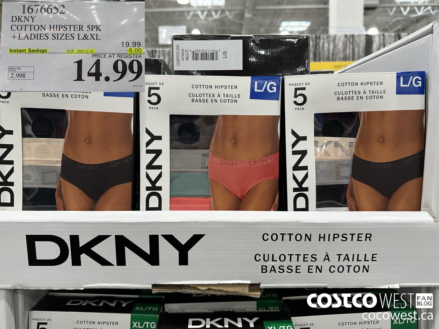 1676652 DKNY COTTON HIPSTER 5PK LADIES SIZES L&XL ($5.00 INSTANT SAVINGS EXPIRES ON 2023-12-10) $14.99