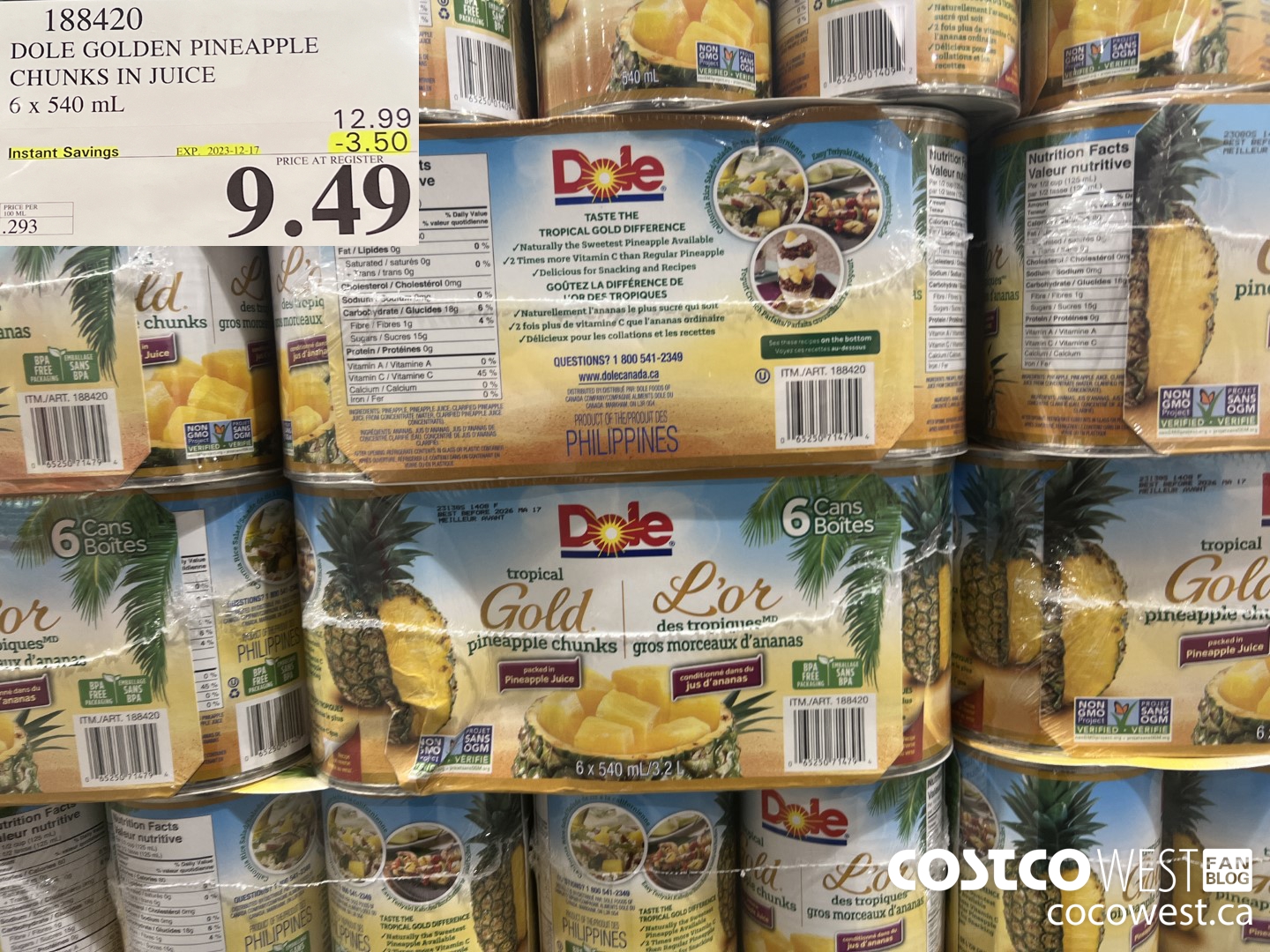 188420 DOLE GOLDEN PINEAPPLE CHUNKS IN JUICE 6 x 540 mL ($3.50 INSTANT SAVINGS EXPIRES ON 2023-12-17) $9.49
