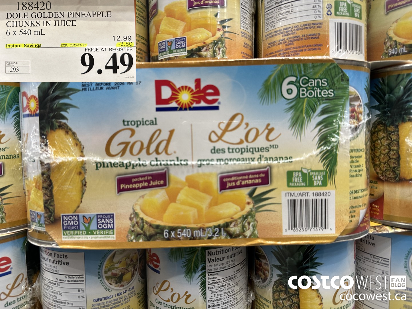 188420 DOLE GOLDEN PINEAPPLE CHUNKS IN JUICE 6 x 540 mL ($3.50 INSTANT SAVINGS EXPIRES ON 2023-12-17) $9.49