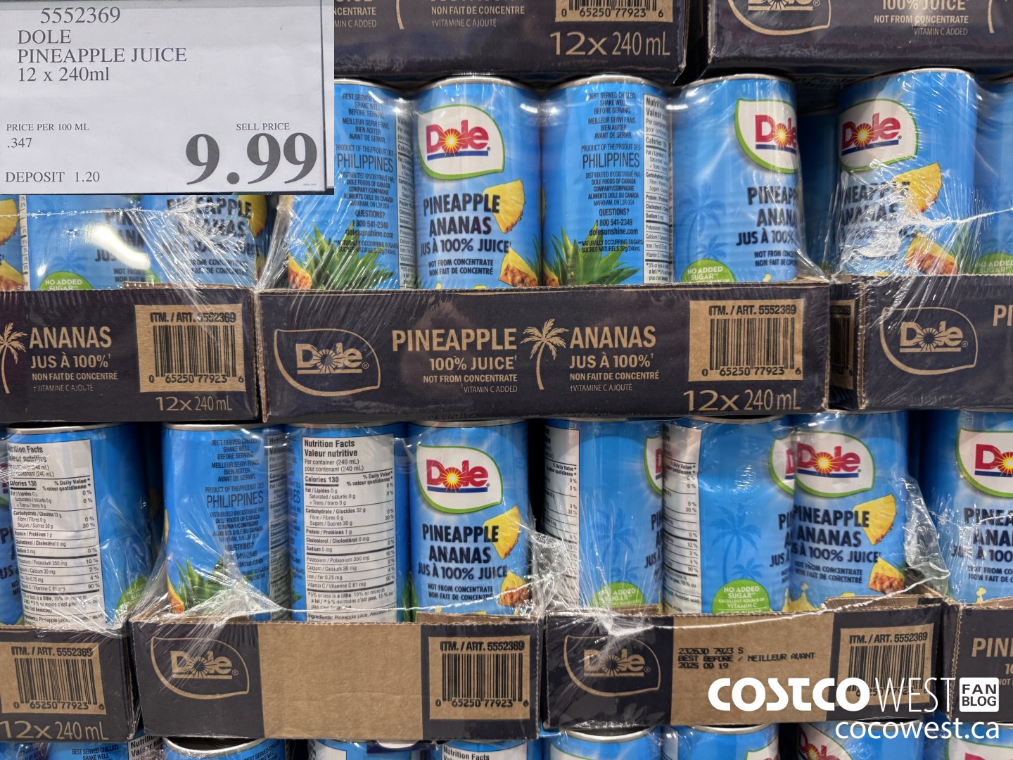5552369 DOLE PINEAPPLE JUICE 12 X 240 ML $9.99