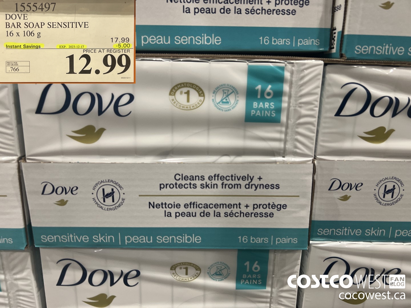 1555497 DOVE BAR SOAP SENSITIVE SKIN 16 x 106 g ($5.00 INSTANT SAVINGS EXPIRES ON 2023-12-17) $12.99