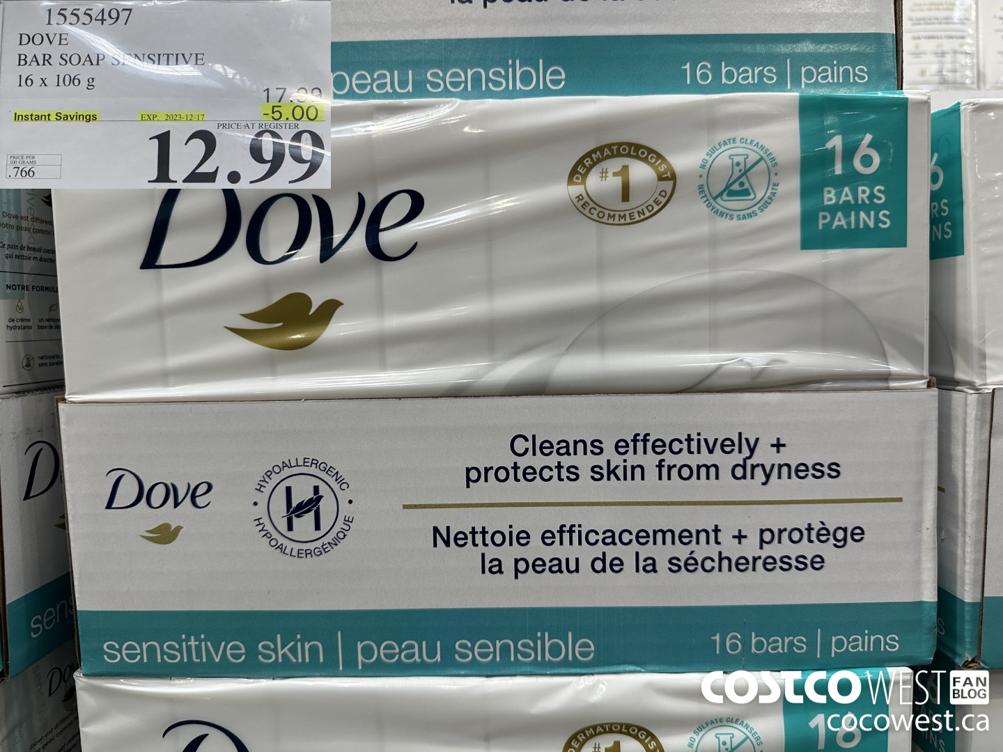 1555497 DOVE BAR SOAP SENSITIVE SKIN 16 x 106 g ($5.00 INSTANT SAVINGS EXPIRES ON 2023-12-17) $12.99