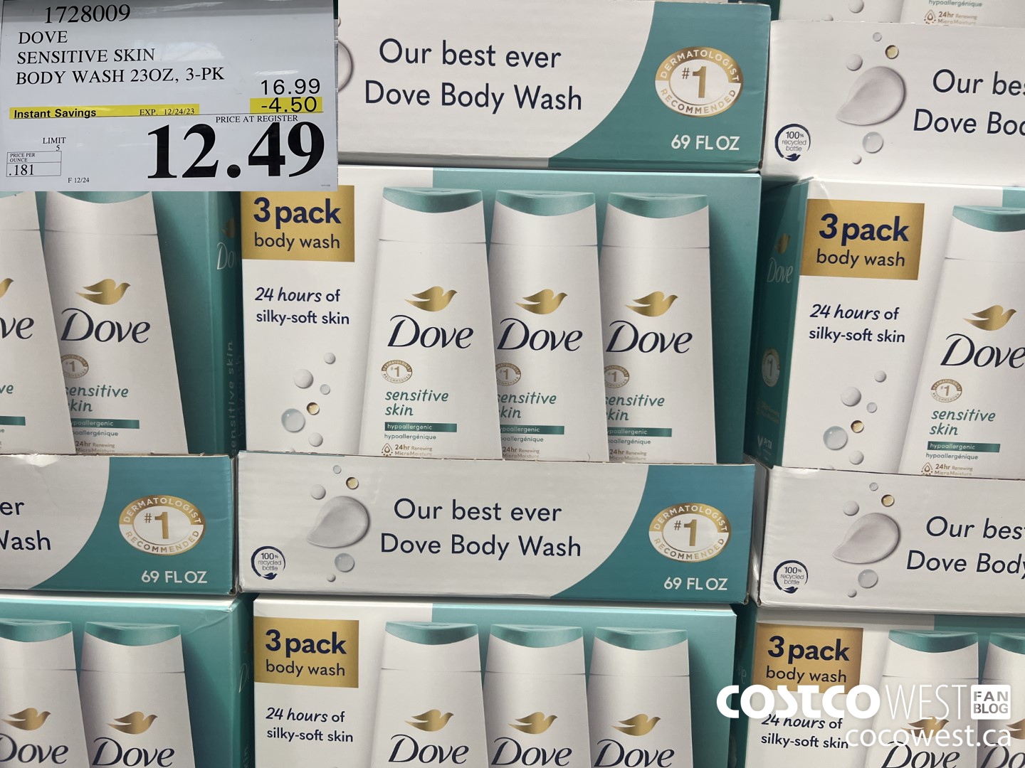 1728009 DOVE SENSITIVE SKIN BODY WASH 23OZ 3-PK ($4.50 INSTANT SAVINGS EXPIRES ON 2023-12-24) $12.49