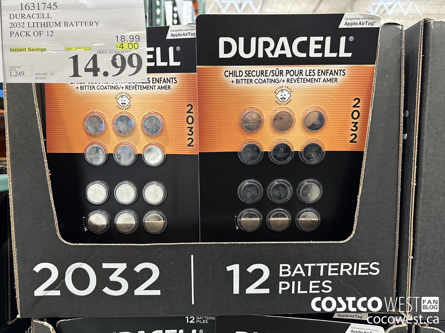 1631745 DURACELL 2032 LITHIUM BATTERY PACK OF 12 ($4.00 INSTANT SAVINGS EXPIRES ON 2023-12-31) $14.99