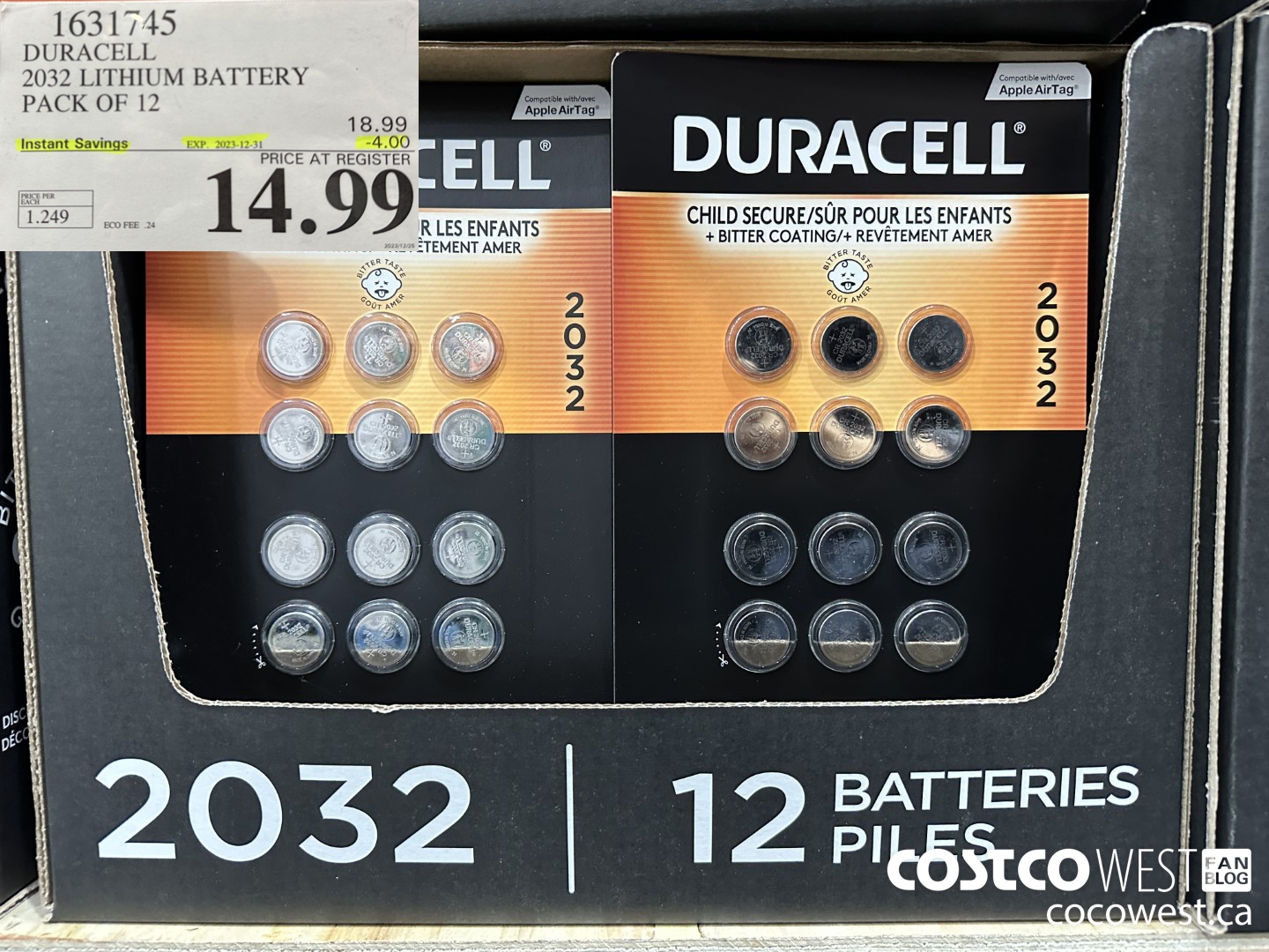 1631745 DURACELL 2032 LITHIUM BATTERY PACK OF 12 ($4.00 INSTANT SAVINGS EXPIRES ON 2023-12-31) $14.99