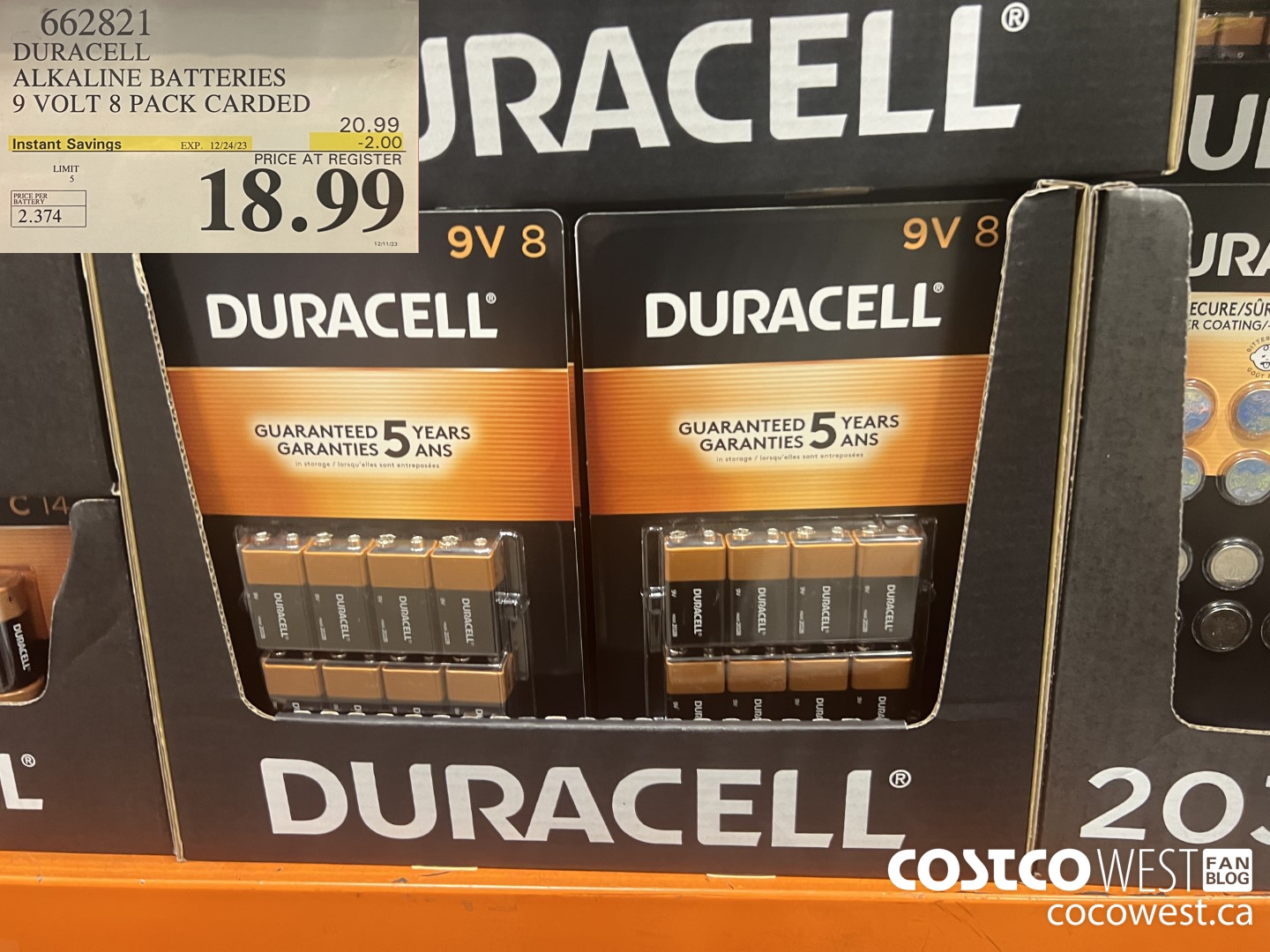 662821 DURACELL ALKALINE BATTERIES 9 VOLT 8 PACK CARDED ($2.00 INSTANT SAVINGS EXPIRES ON 2023-12-24) $18.99