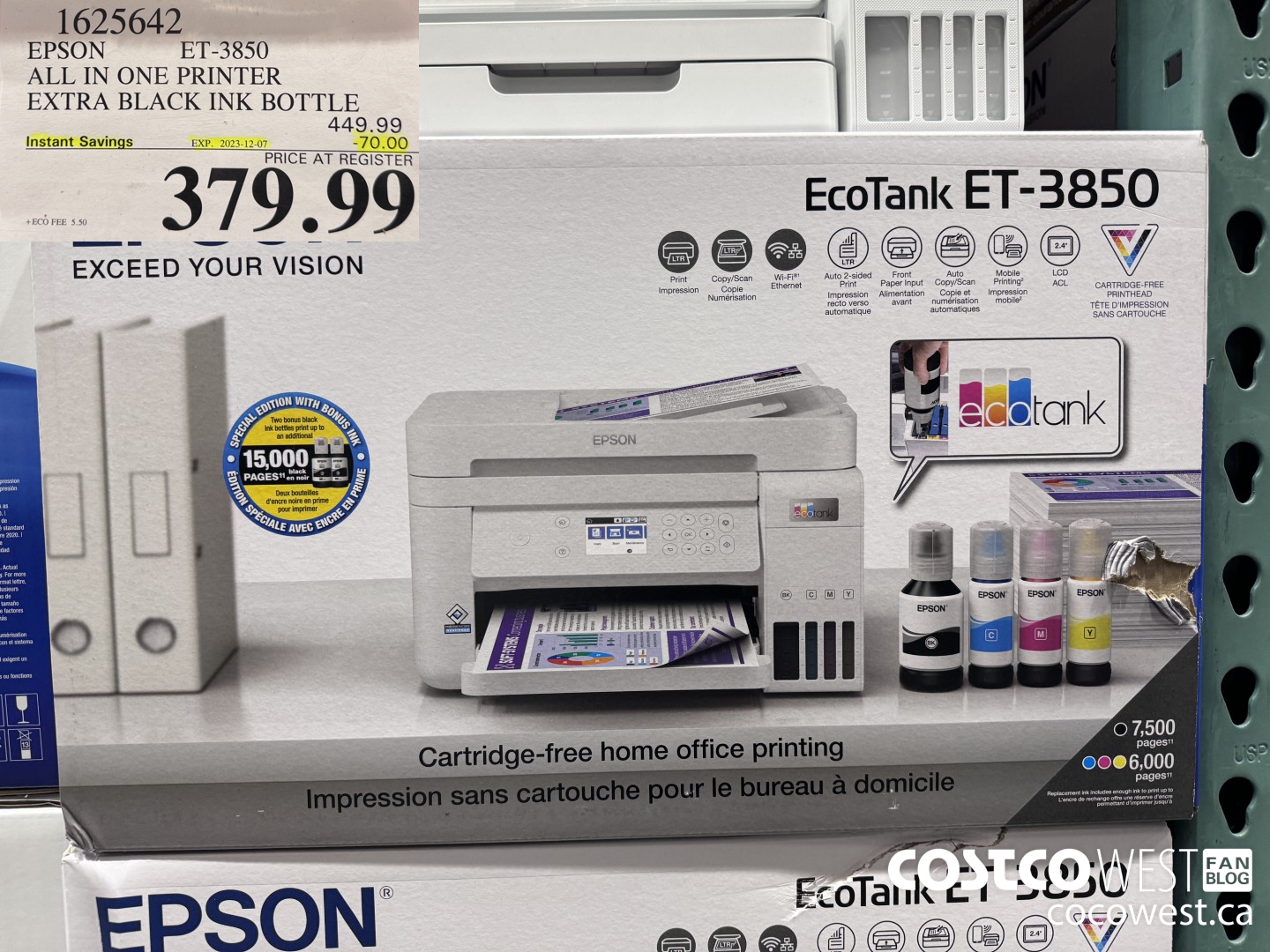 1625642 EPSON ALL IN ONE PRINTER ET-3850 EXTRA BLACK INK BOTTLE ($70.00 INSTANT SAVINGS EXPIRES ON 2023-12-07) $379.99