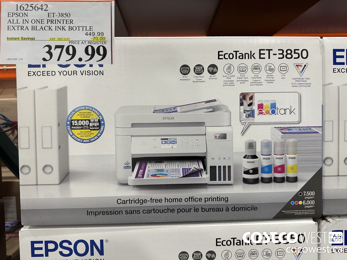 1625642 EPSON ALL IN ONE PRINTER ET-3850 EXTRA BLACK INK BOTTLE ($70.00 INSTANT SAVINGS EXPIRES ON 2023-12-07) $379.99