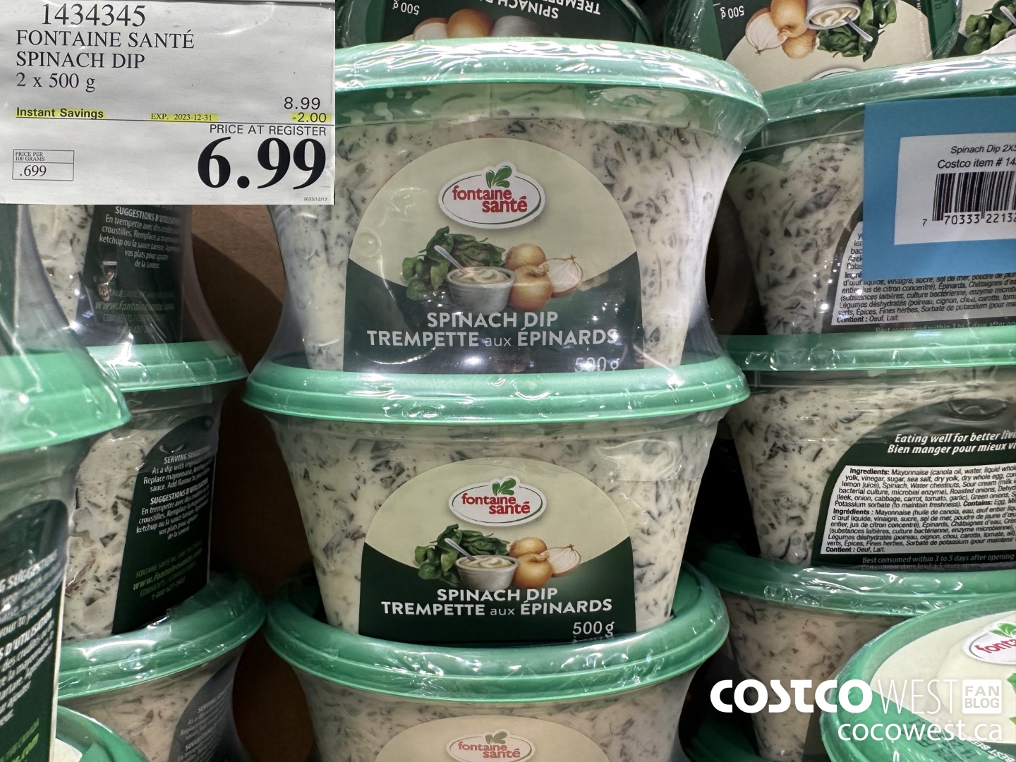 1434345 FONTAINE SANTE SPINACH DIP 2 X 500 G ($2.00 INSTANT SAVINGS EXPIRES ON 2023-12-31) $6.99