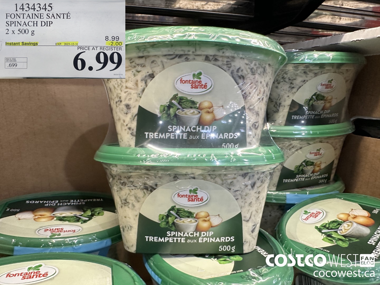 1434345 FONTAINE SANTE SPINACH DIP 2 X 500 G ($2.00 INSTANT SAVINGS EXPIRES ON 2023-12-31) $6.99