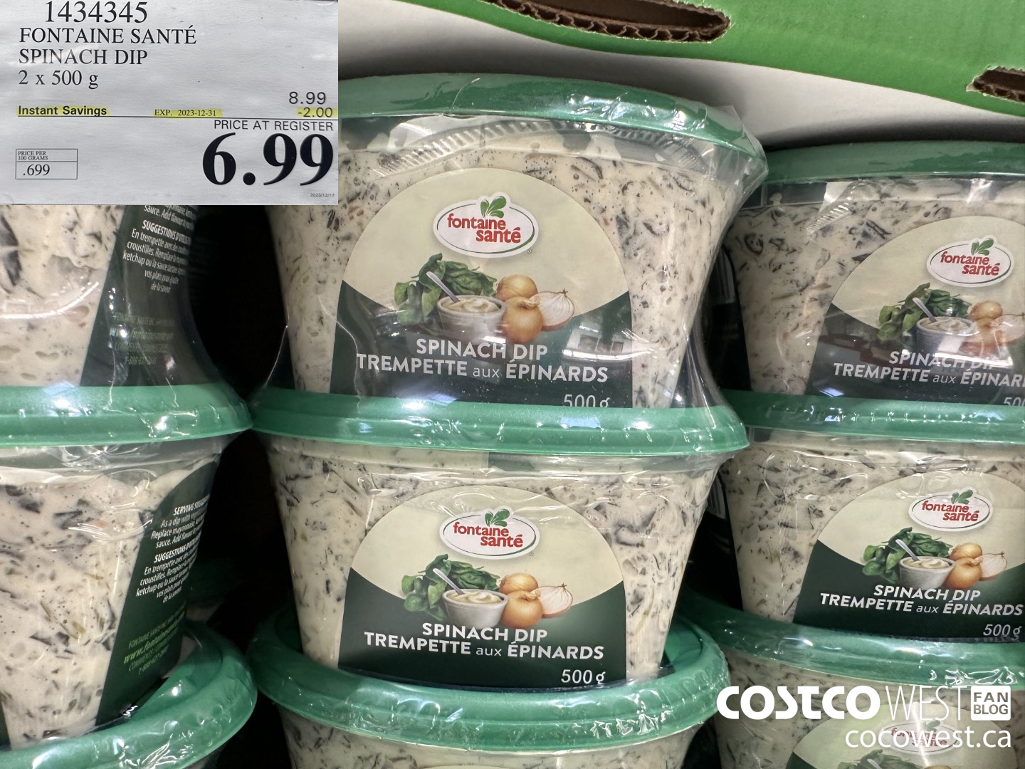 1434345 FONTAINE SANTE SPINACH DIP 2 X 500 G ($2.00 INSTANT SAVINGS EXPIRES ON 2023-12-31) $6.99