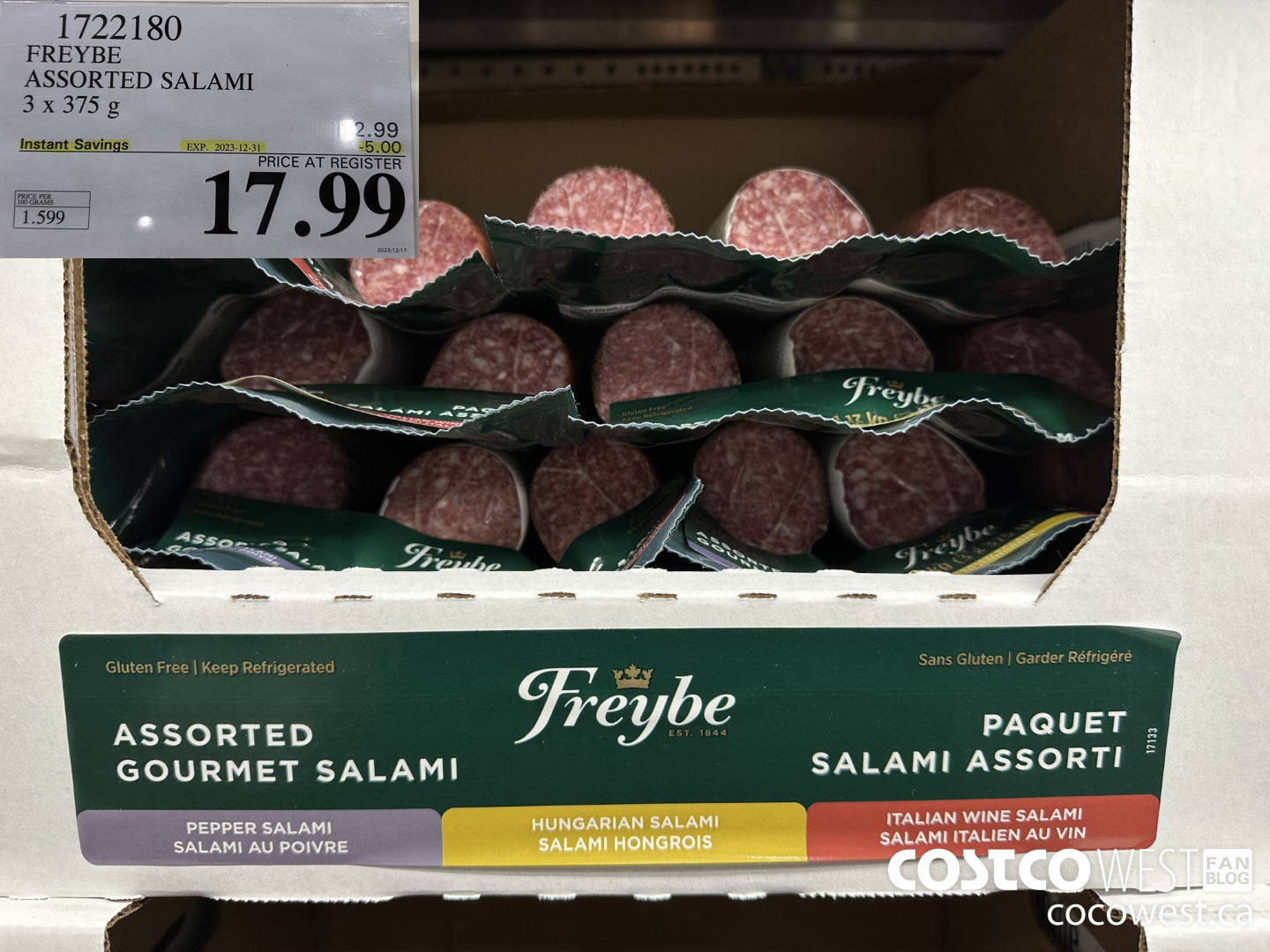 1722180 FREYBE ASSORTED SALAMI 3 x 375 g ($5.00 INSTANT SAVINGS EXPIRES ON 2023-12-31) $17.99