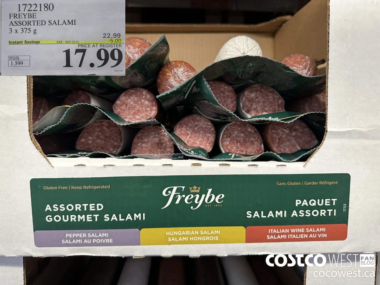 1722180 FREYBE ASSORTED SALAMI 3 x 375 g ($5.00 INSTANT SAVINGS EXPIRES ON 2023-12-31) $17.99