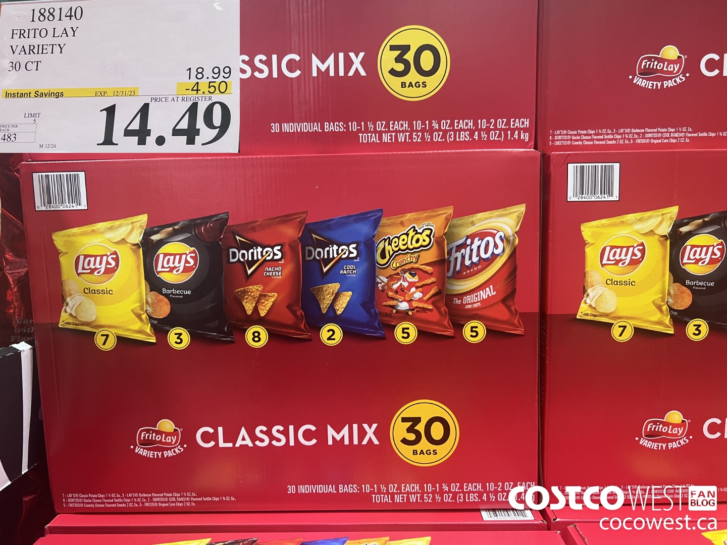 188140 FRITO LAY VARIETY 30 CT ($4.50 INSTANT SAVINGS EXPIRES ON 2023-12-31) $14.49