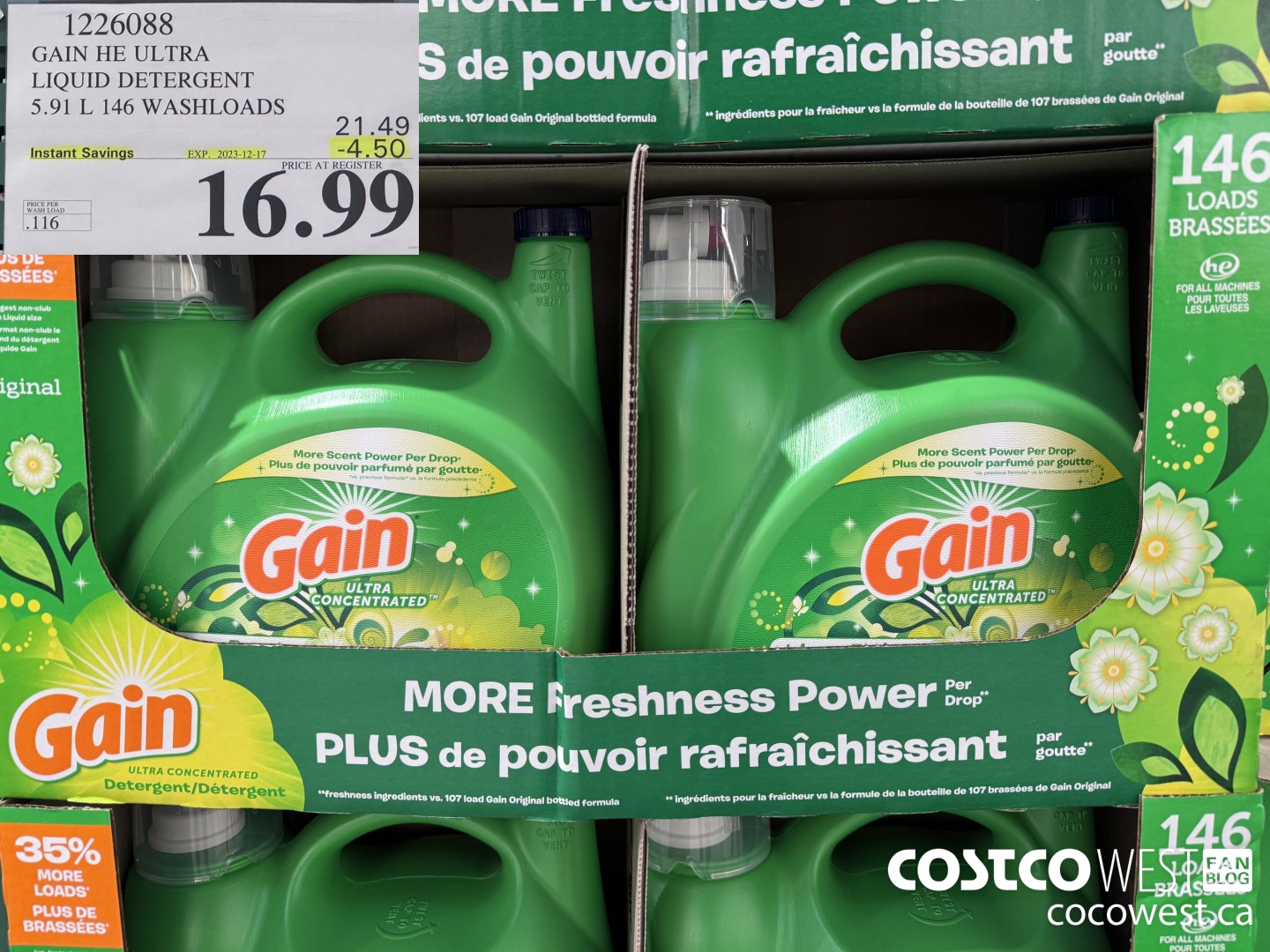 1226088 GAIN HE ULTRA LIQUID DETERGENT 5.91 L 146 WASHLOADS ($4.50 INSTANT SAVINGS EXPIRES ON 2023-12-17) $16.99