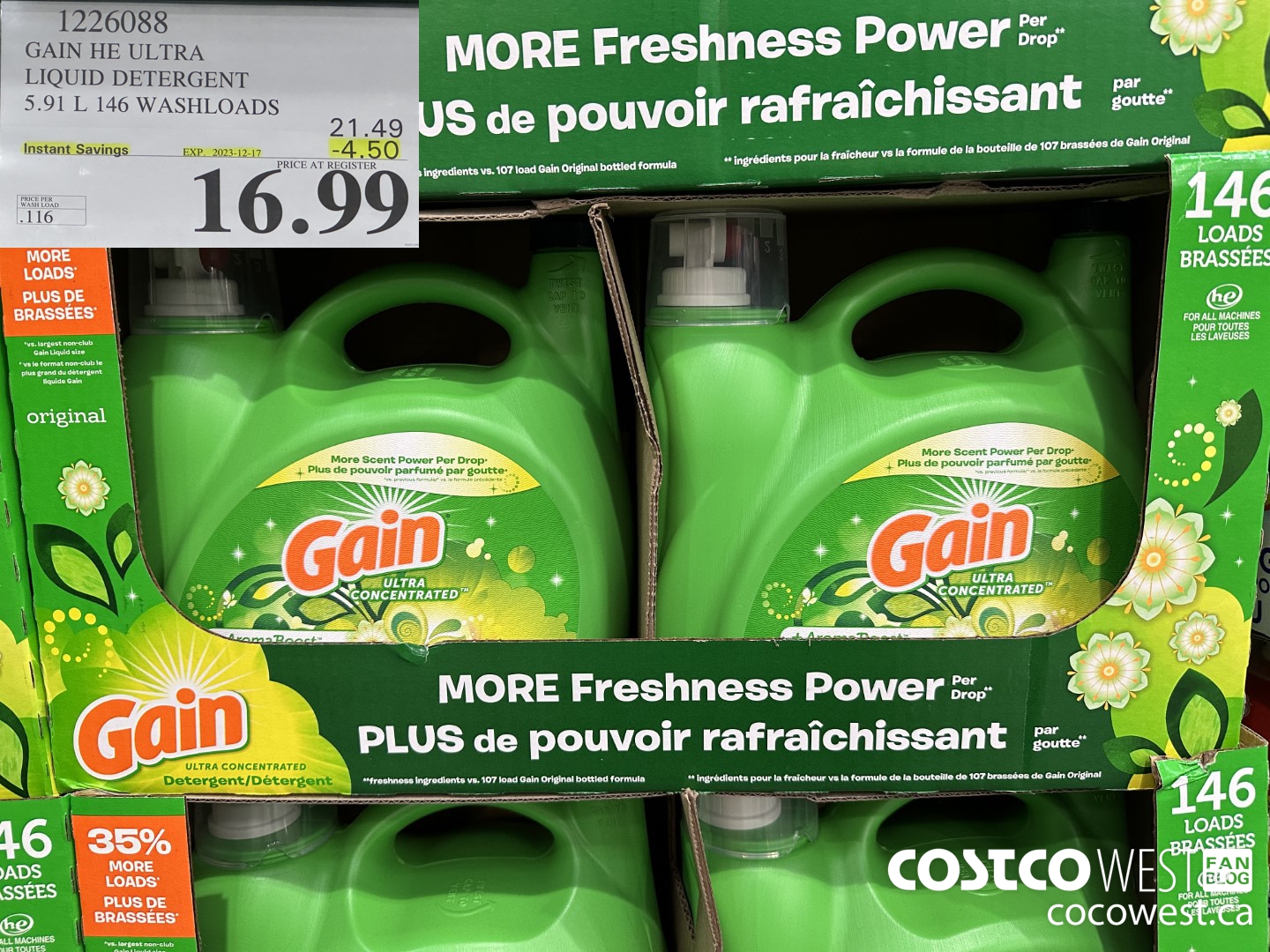 1226088 GAIN HE ULTRA LIQUID DETERGENT 5.91 L 146 WASHLOADS ($4.50 INSTANT SAVINGS EXPIRES ON 2023-12-17) $16.99