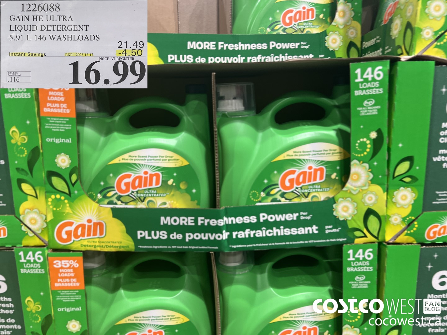 1226088 GAIN HE ULTRA LIQUID DETERGENT 5.91 L 146 WASHLOADS ($4.50 INSTANT SAVINGS EXPIRES ON 2023-12-17) $16.99