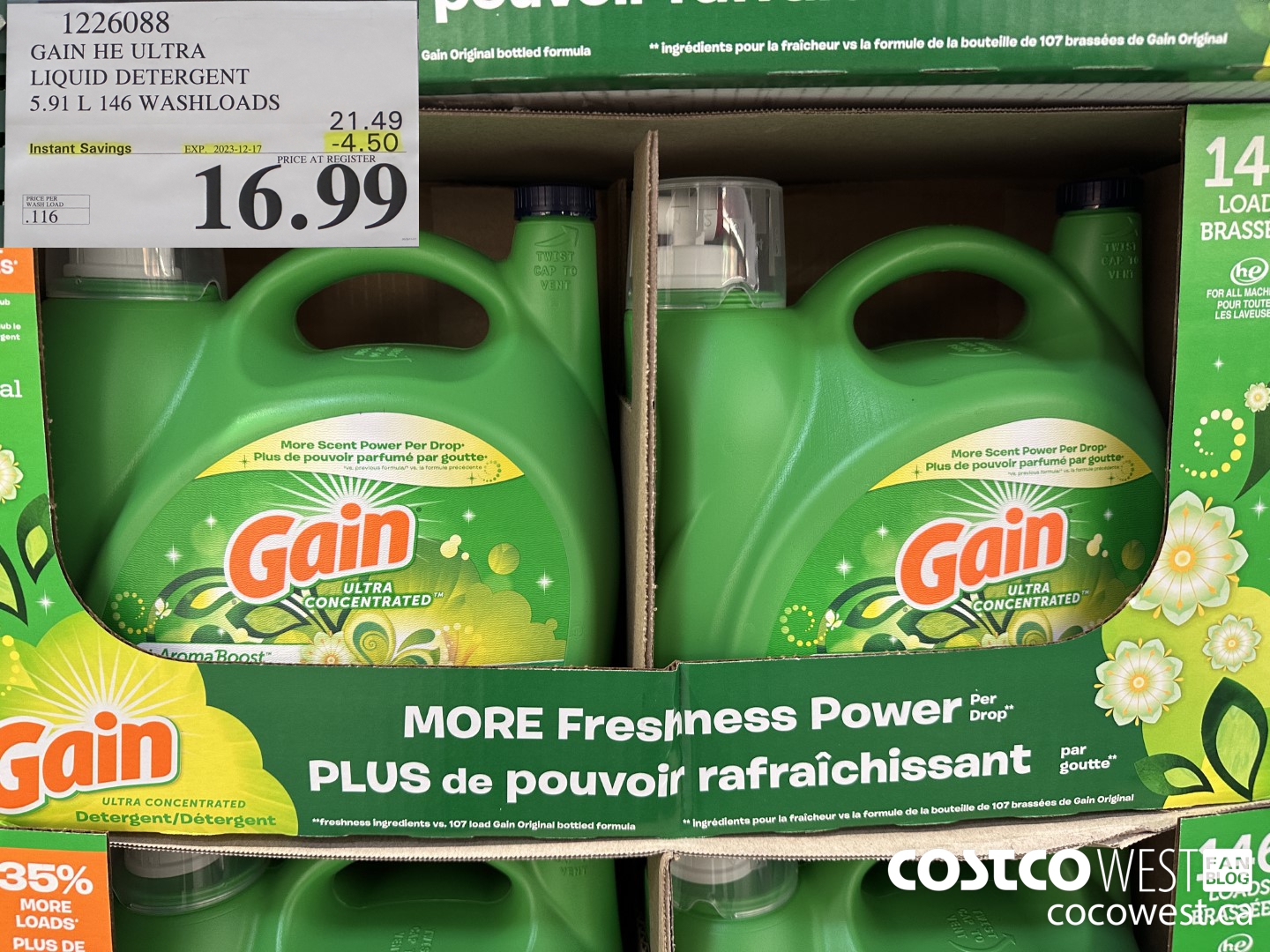 1226088 GAIN HE ULTRA LIQUID DETERGENT 5.91 L 146 WASHLOADS ($4.50 INSTANT SAVINGS EXPIRES ON 2023-12-17) $16.99