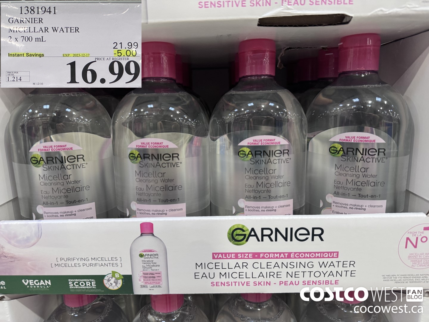 1381941 GARNIER MICELLAR WATER 2 x 700 mL  ($5.00 INSTANT SAVINGS EXPIRES ON 2023-12-17) $16.99