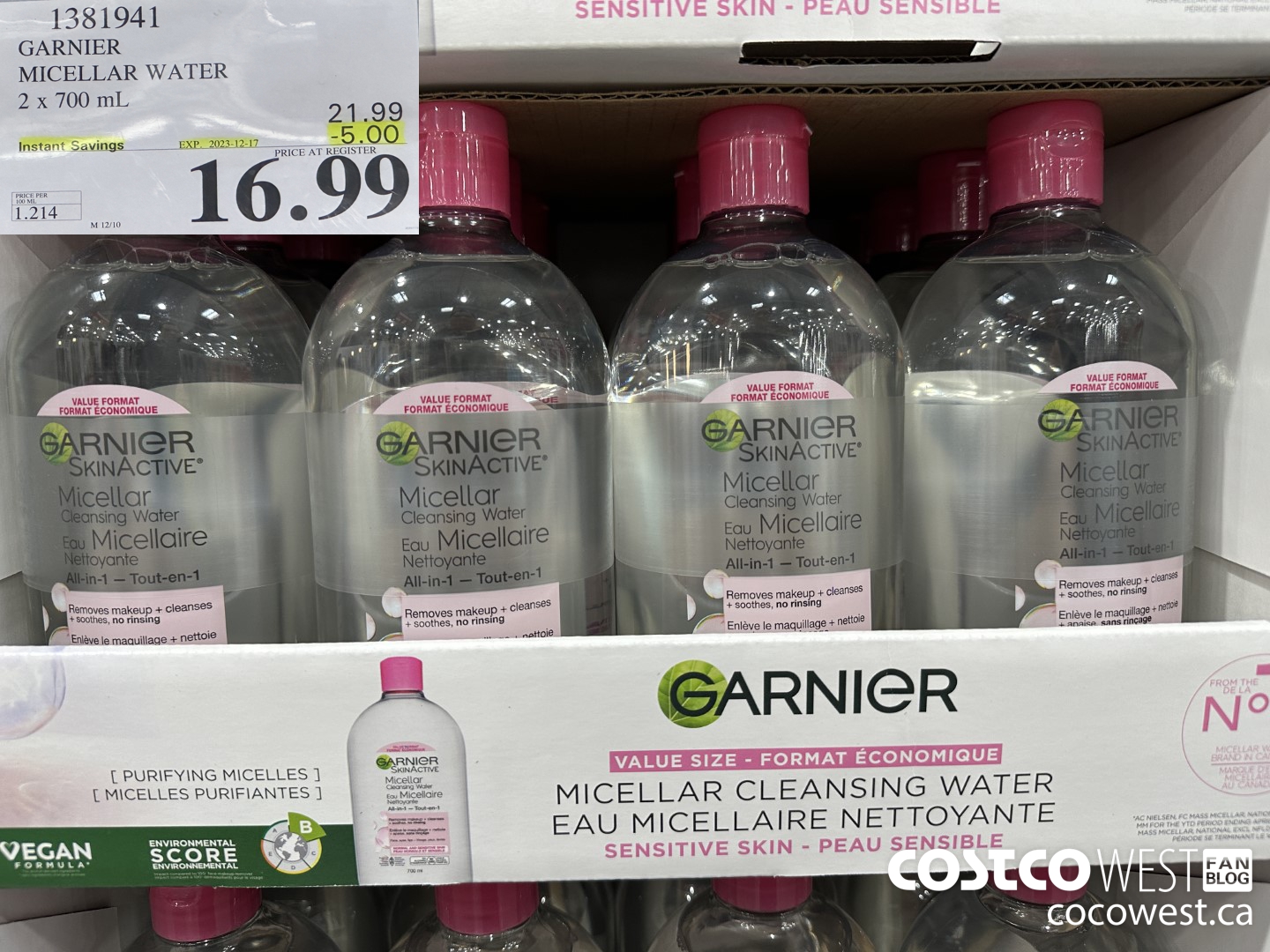 1381941 GARNIER MICELLAR WATER 2 x 700 mL  ($5.00 INSTANT SAVINGS EXPIRES ON 2023-12-17) $16.99