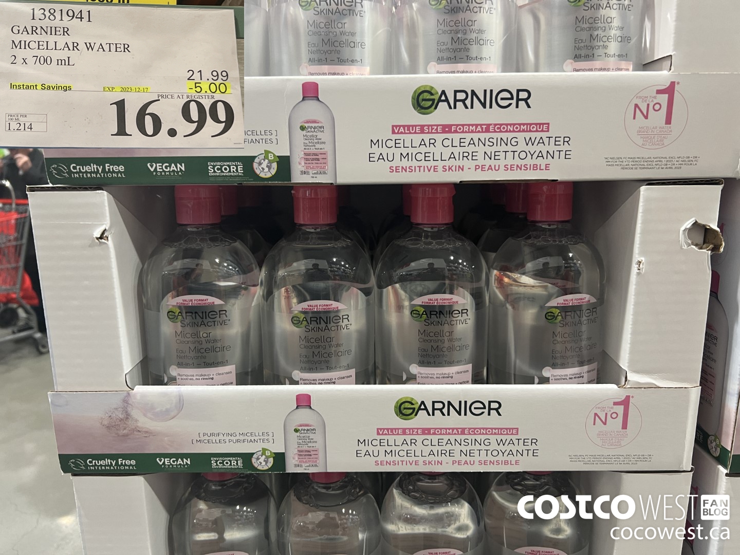 1381941 GARNIER MICELLAR WATER 2 x 700 mL  ($5.00 INSTANT SAVINGS EXPIRES ON 2023-12-17) $16.99