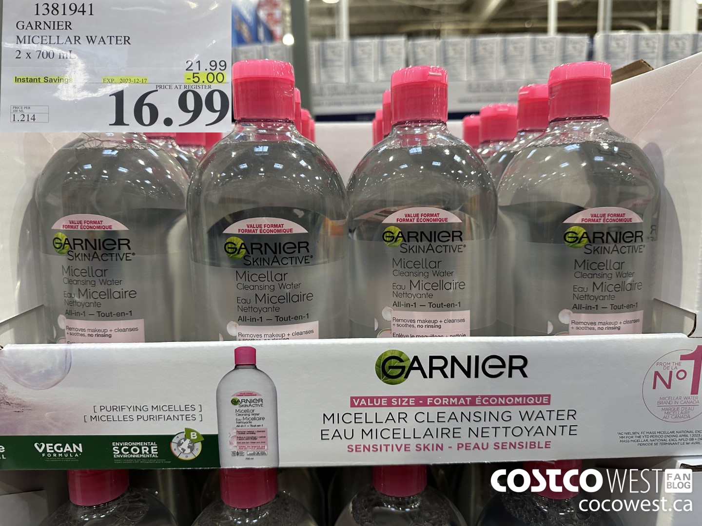 1381941 GARNIER MICELLAR WATER 2 x 700 mL  ($5.00 INSTANT SAVINGS EXPIRES ON 2023-12-17) $16.99