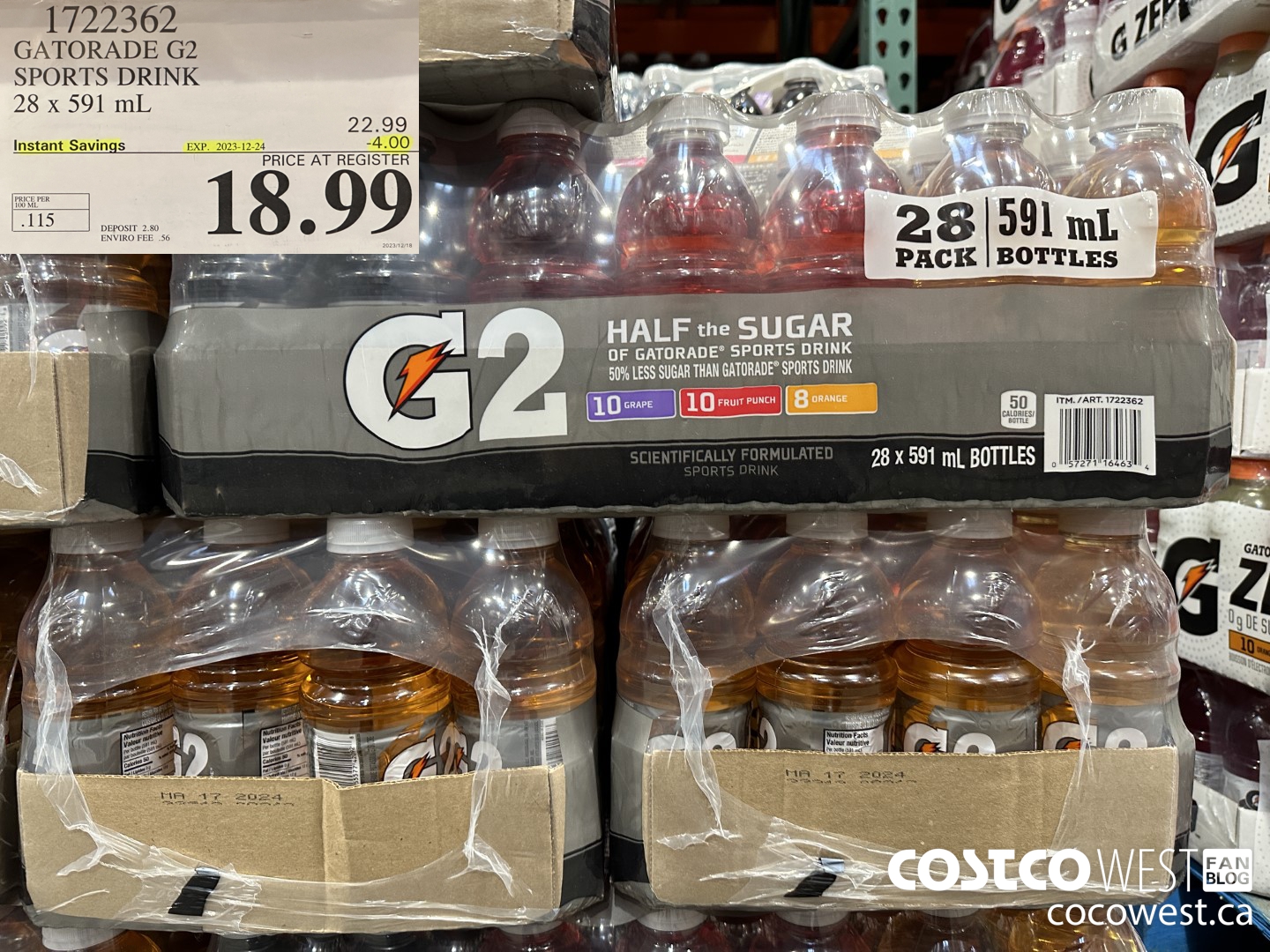 1722362 GATORADE G2 SPORTS DRINK 28 X 591 ML ($4.00 INSTANT SAVINGS EXPIRES ON 2023-12-24) $18.99