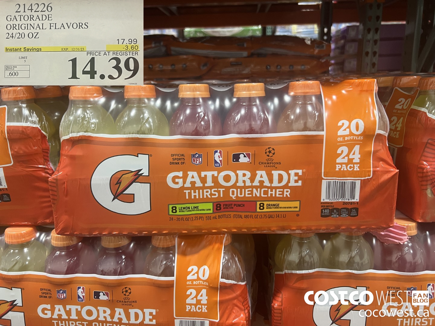 214226 GATORADE ORIGINAL FLAVORS 24/20 OZ ($3.60 INSTANT SAVINGS EXPIRES ON 2023-12-31) $14.39