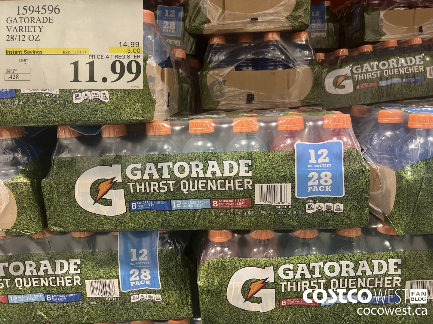 1594596 GATORADE VARIETY 28/12 OZ ($3.00 INSTANT SAVINGS EXPIRES ON 2023-12-31) $11.99