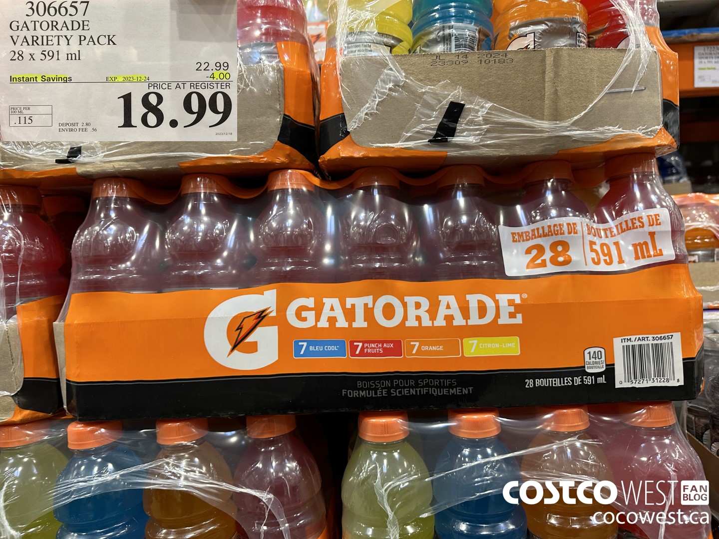 306657 GATORADE VARIETY PACK 28 x 591 ml ($4.00 INSTANT SAVINGS EXPIRES ON 2023-12-24) $18.99