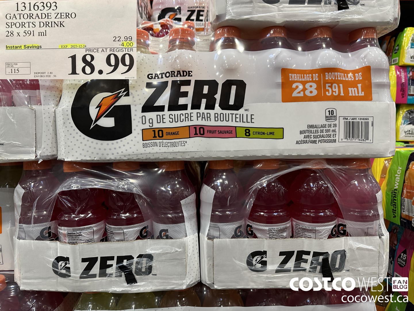 1316393 GATORADE ZERO SPORTS DRINK 28 x 591 ml ($4.00 INSTANT SAVINGS EXPIRES ON 2023-12-24) $18.99