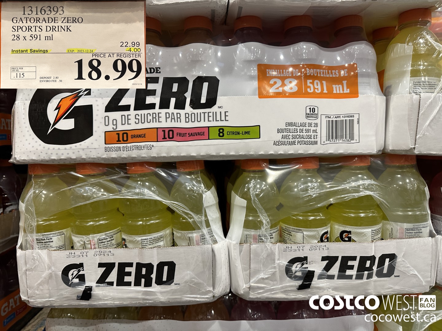 1316393 GATORADE ZERO SPORTS DRINK 28 x 591 ml ($4.00 INSTANT SAVINGS EXPIRES ON 2023-12-24) $18.99