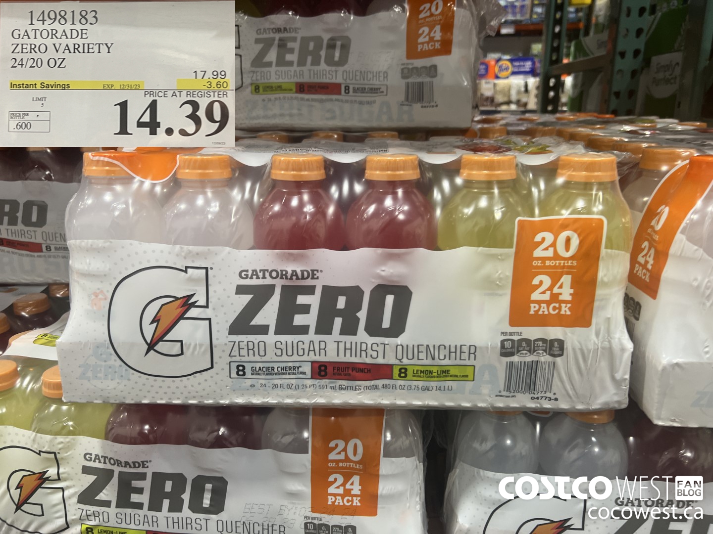 1498183 GATORADE ZERO VARIETY 24/20 OZ ($3.60 INSTANT SAVINGS EXPIRES ON 2023-12-31) $14.39