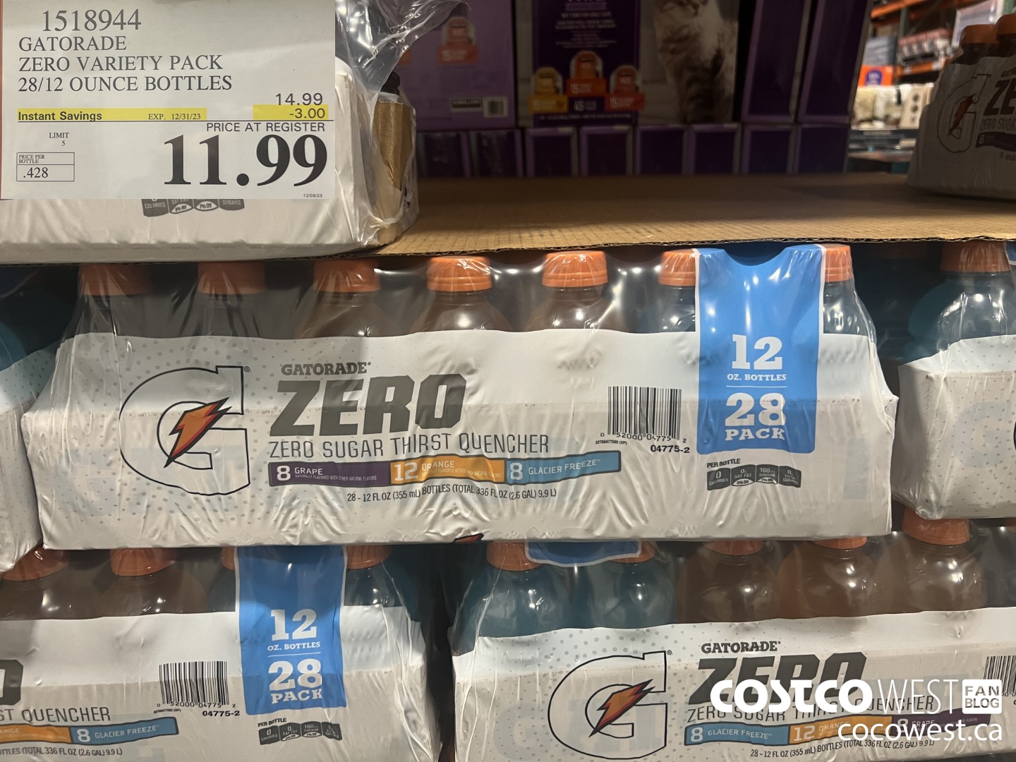 1518944 GATORADE ZERO VARIETY PACK 28/12 OUNCE BOTTLES ($3.00 INSTANT SAVINGS EXPIRES ON 2023-12-31) $11.99