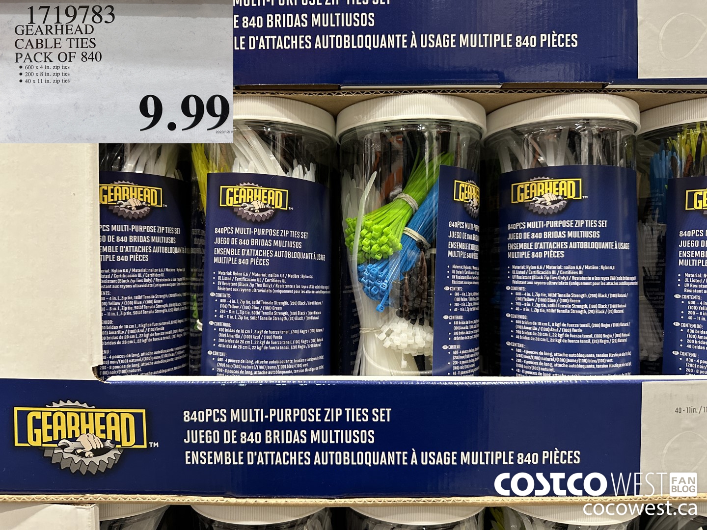 1719783 GEARHEAD CABLE TIES PACK OF 840 $9.99