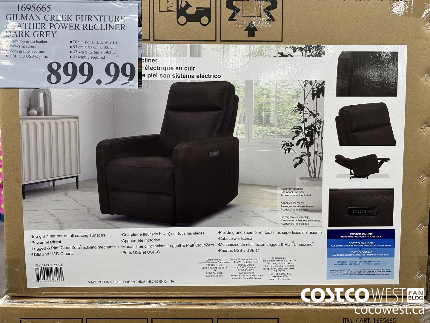 1695665 GILMAN CREEK FURNITURE LEATHER POWER RECLINER DARK GREY $899.99