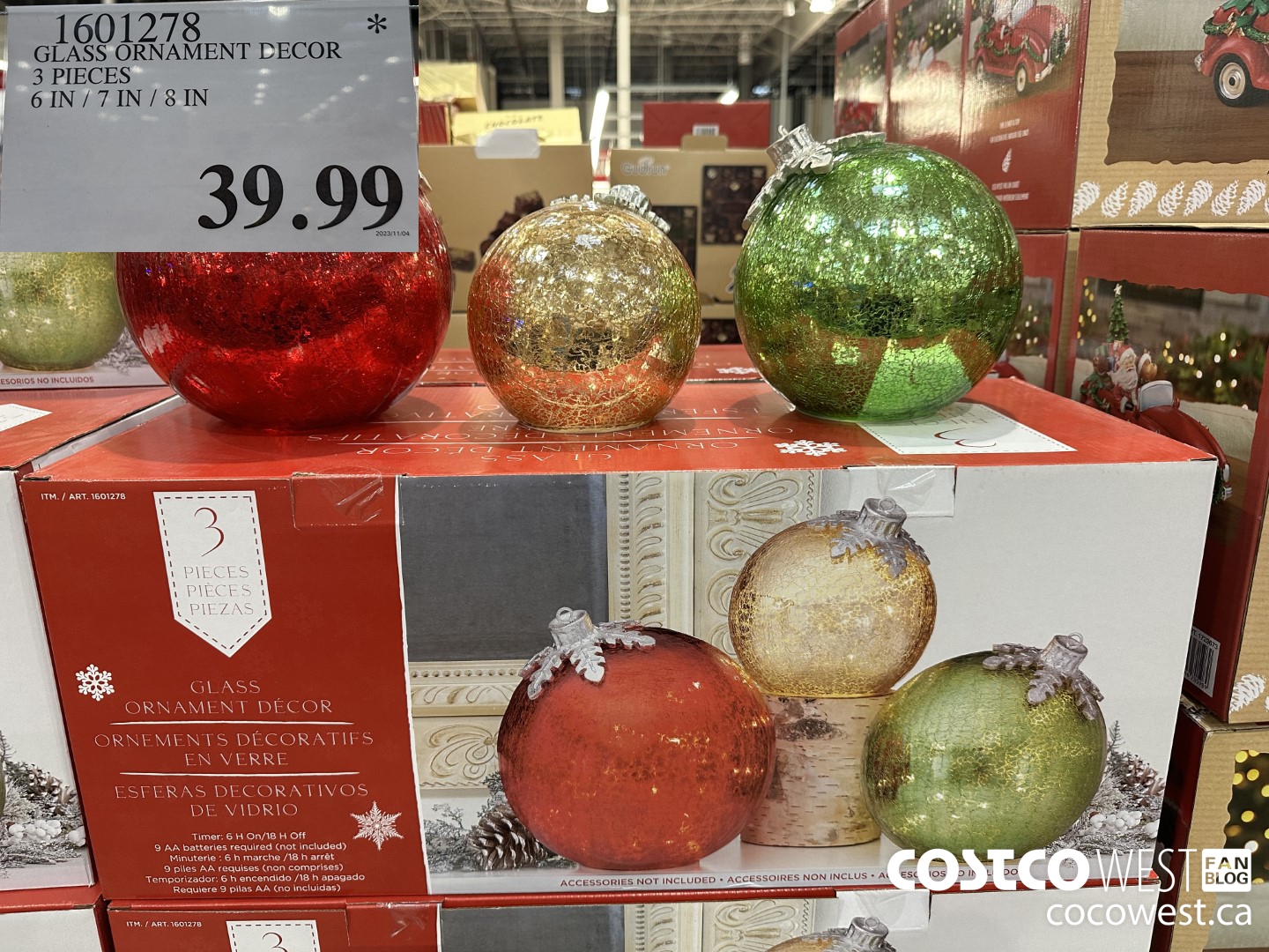 1601278 GLASS ORNAMENT DECOR 3 PIECES 6 IN / 7 IN / 8 IN $39.99