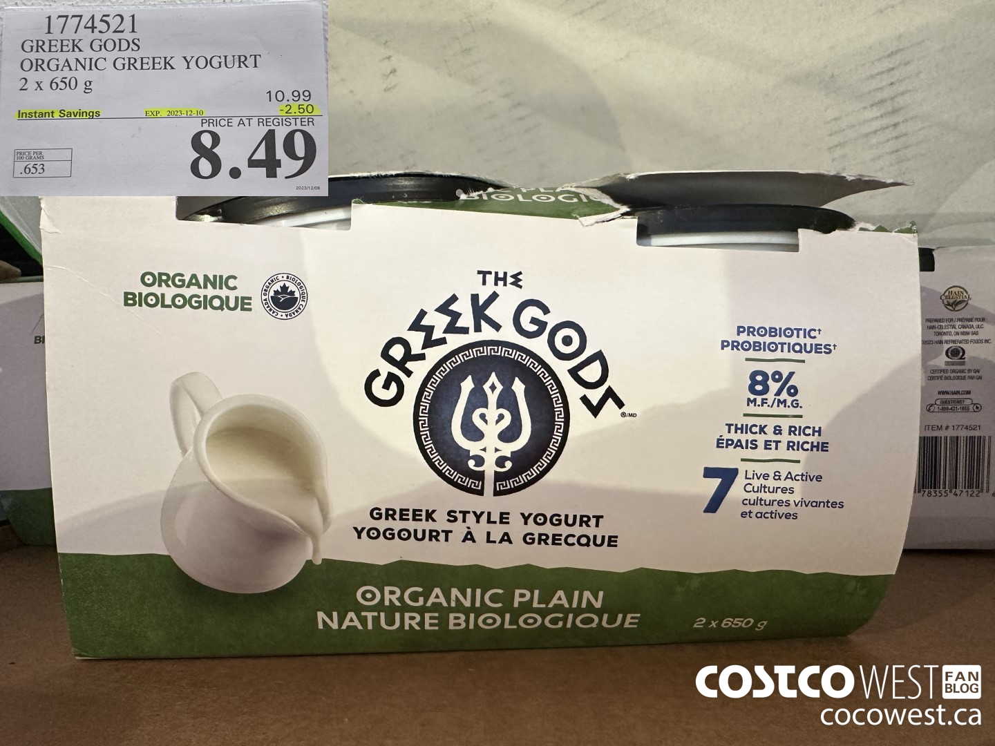 1774521 GREEK GODS ORGANIC GREEK YOGURT 2 X 650G ($2.50 INSTANT SAVINGS EXPIRES ON 2023-12-10) $8.49