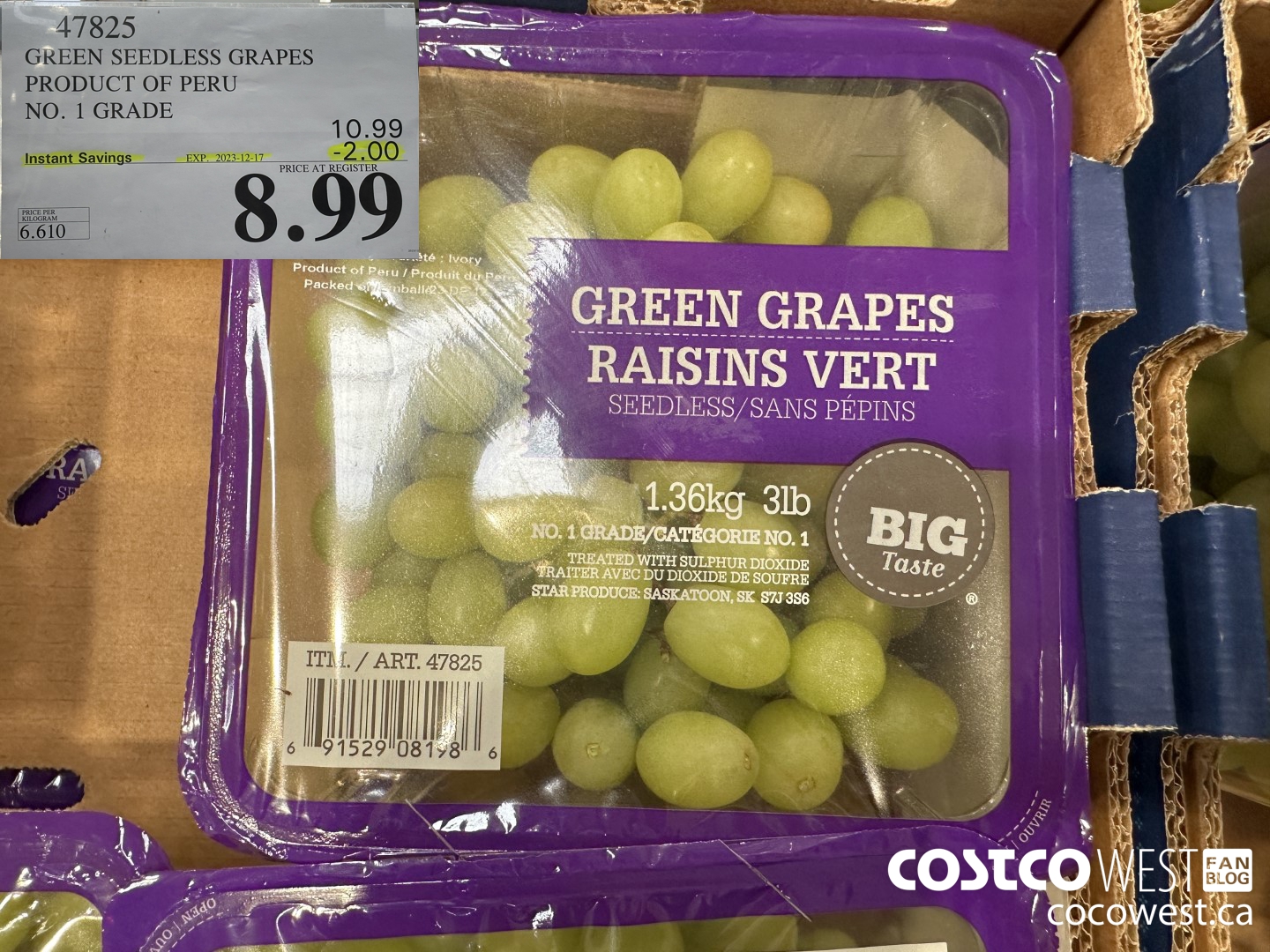47825 GREEN SEEDLESS GRAPES PRODUCT OF PERU NO. 1 GRADE ($2.00 INSTANT SAVINGS EXPIRES ON 2023-12-17) $8.99