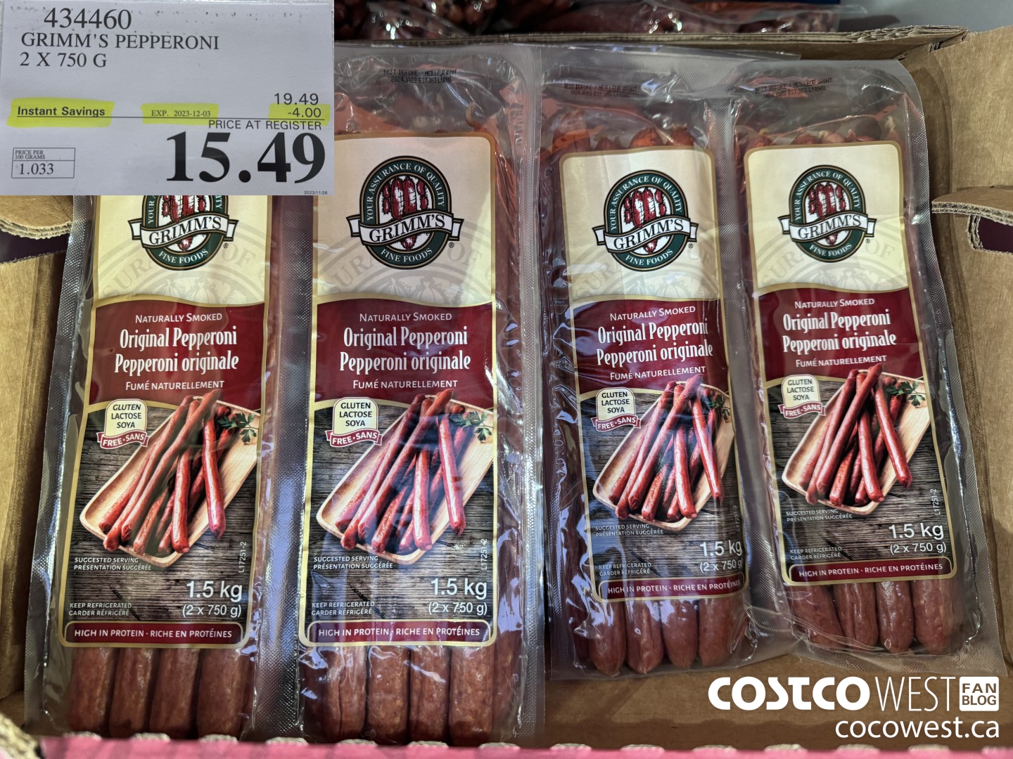 434460 GRIMM'S NATURAL FRESH PEPPERONI 2 x 750 g ($4.00 INSTANT SAVINGS EXPIRES ON 2023-12-03) $15.49