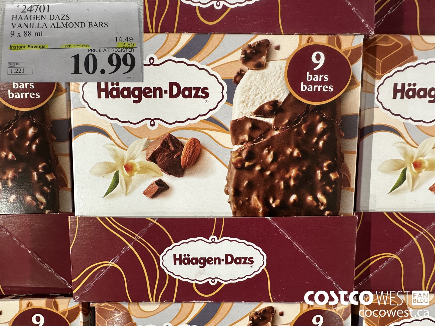 24701 HAAGEN-DAZS ICE CREAM BARS 9 x 88 ml ($3.50 INSTANT SAVINGS EXPIRES ON 2023-12-17) $10.99