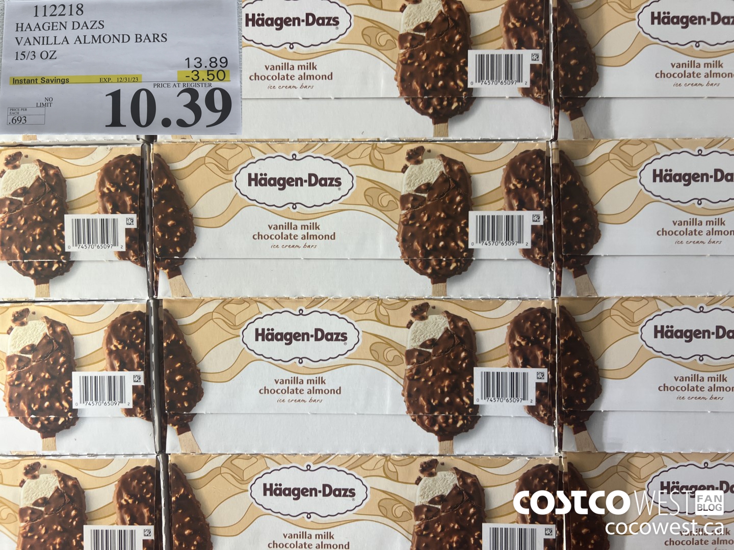 112218 HAAGEN DAZS VANILLA ALMOND BARS 15/3 OZ ($3.50 INSTANT SAVINGS EXPIRES ON 2023-12-31) $10.39