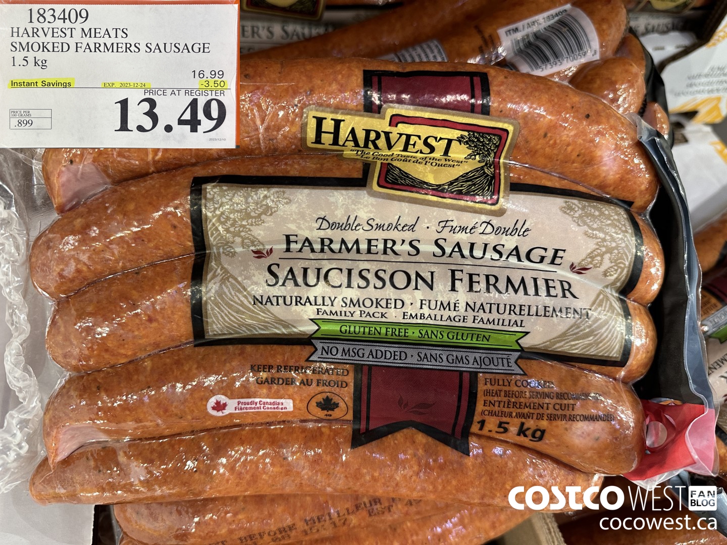 183409 HARVEST MEATS SMOKED FARMERS SAUSAGE 1.5 kg ($3.50 INSTANT SAVINGS EXPIRES ON 2023-12-24) $13.49