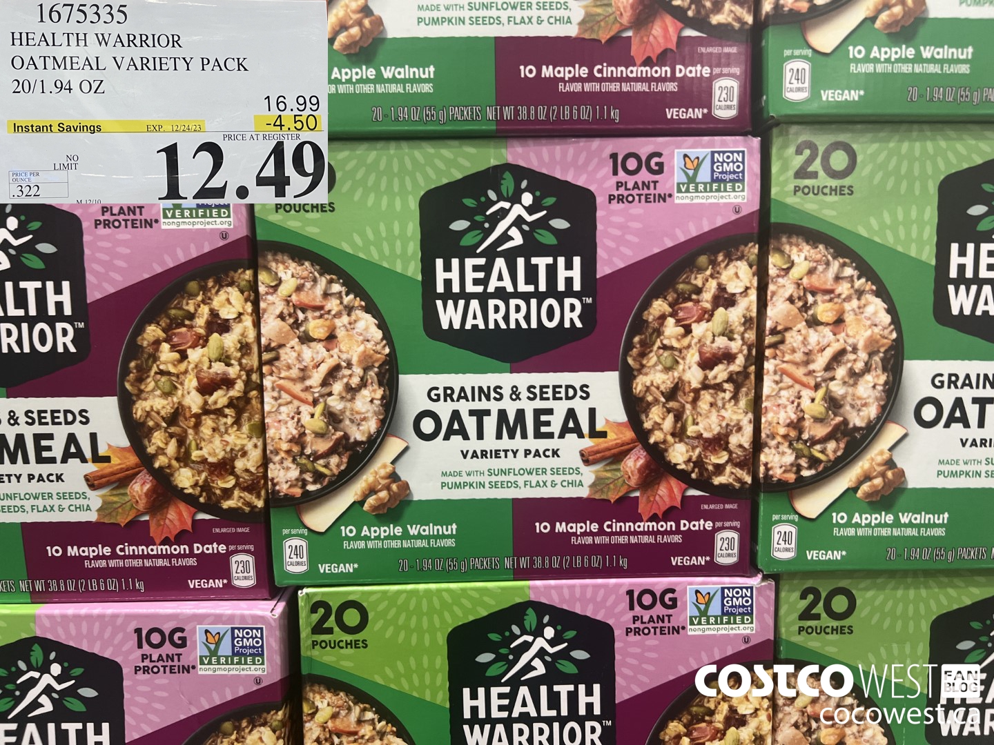 1675335 HEALTH WARRIOR OATMEAL VARIETY PACK 20/1.94 OZ ($4.50 INSTANT SAVINGS EXPIRES ON 2023-12-24) $12.49