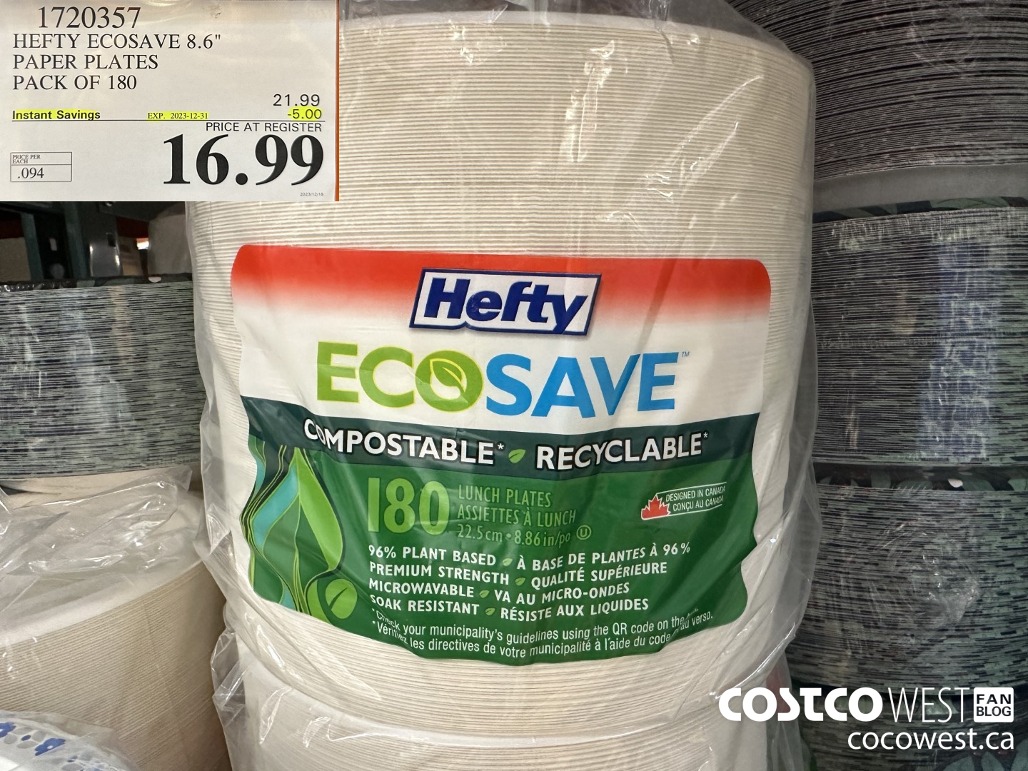 1720357 HEFTY ECOSAVE PAPER PLATES PACK OF 180 ($5.00 INSTANT SAVINGS EXPIRES ON 2023-12-31) $16.99