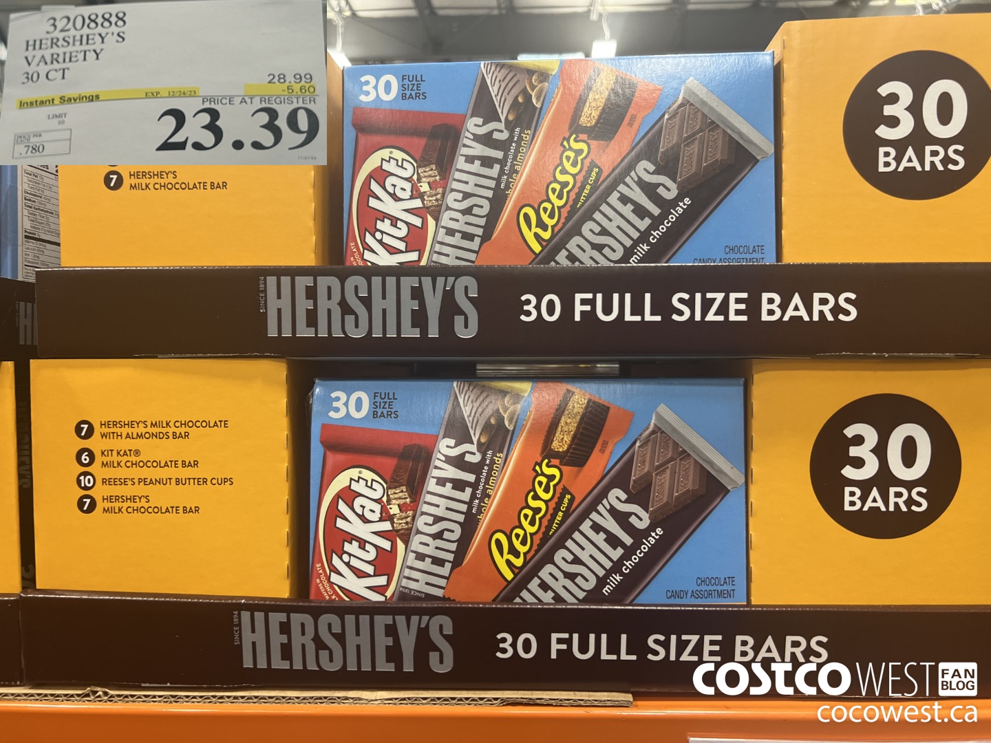 320888 HERSHEY'S VARIETY 30 CT ($5.60 INSTANT SAVINGS EXPIRES ON 2023-12-24) $23.39
