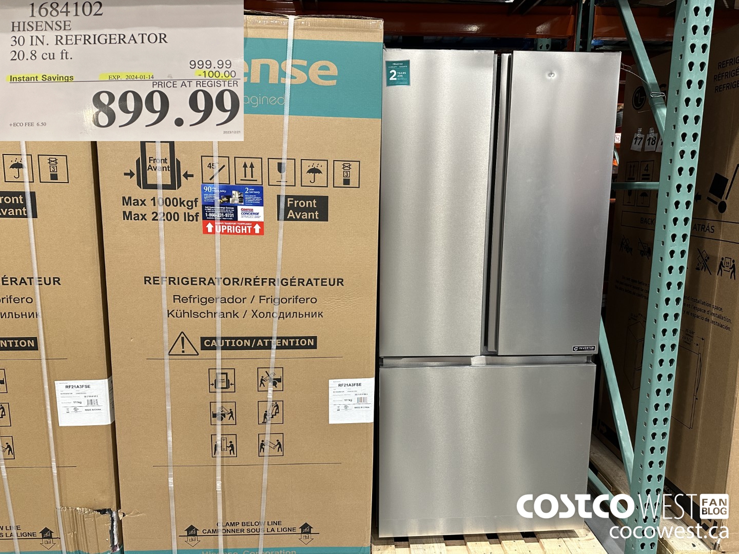 1684102 HISENSE 30 IN. REFRIGERATOR 20.8 CU FT ($100.00 INSTANT SAVINGS EXPIRES ON 2024-01-14) $899.99